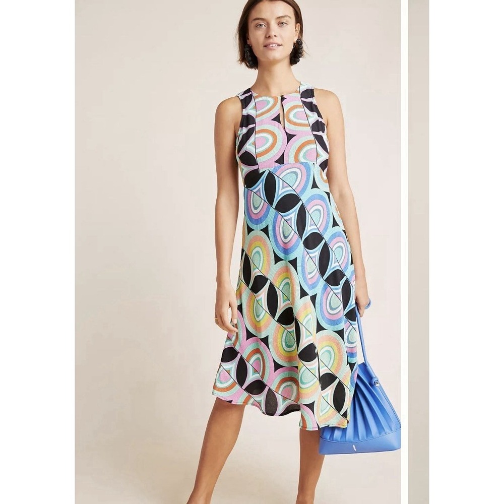 Anthropologie Women's Kenzie Asymmetrical Midi Dress Multicolor Geometric Sz 4 P